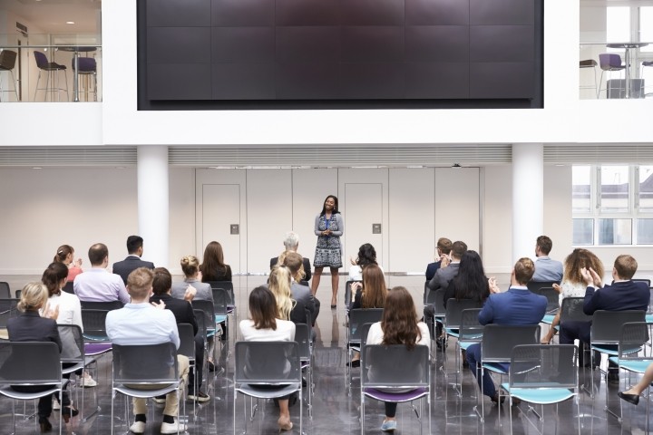 female business leader making presentation in modern office building